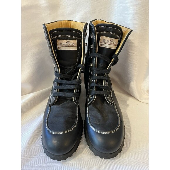 Hogan Outerwear Lace Up Hiking Work Boot, Black Leather & Nylon Women’s Size 6.5 - Picture 10 of 12
